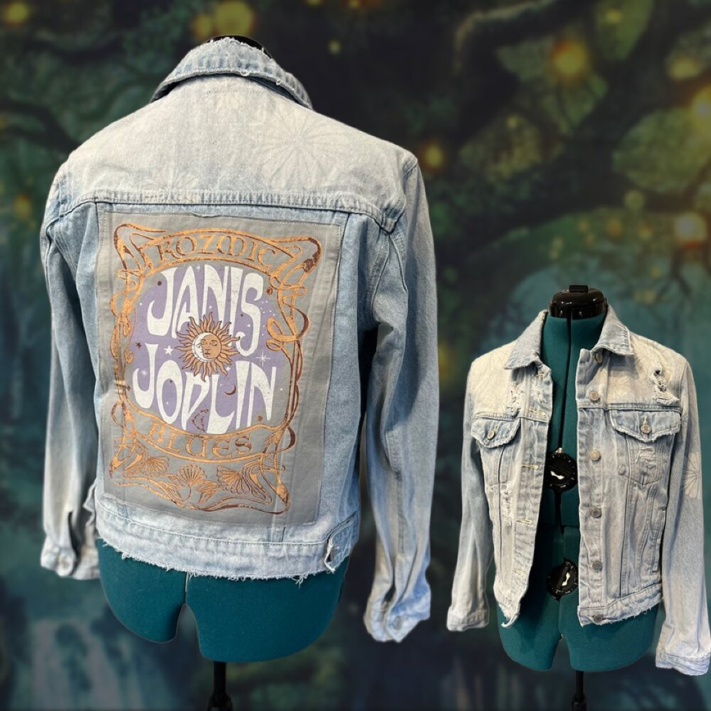 Upcycled Janis Joplin Denim Jacket | Vervet Size M | Kozmic Blues Rework
